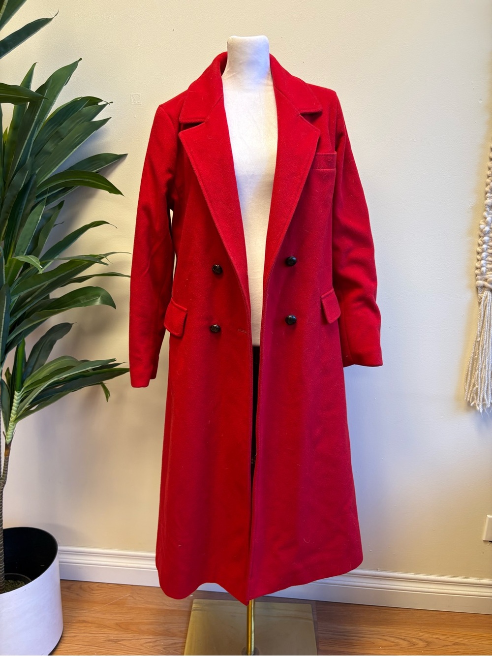 Double-Breasted Red Wool Pea Coat for Women